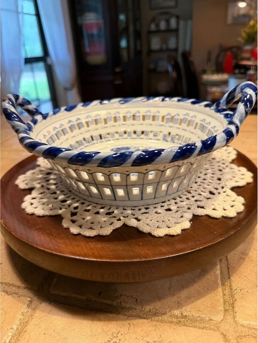 46. Blue and White Ceramic Fruit Basket with handles China Bowl 10” across